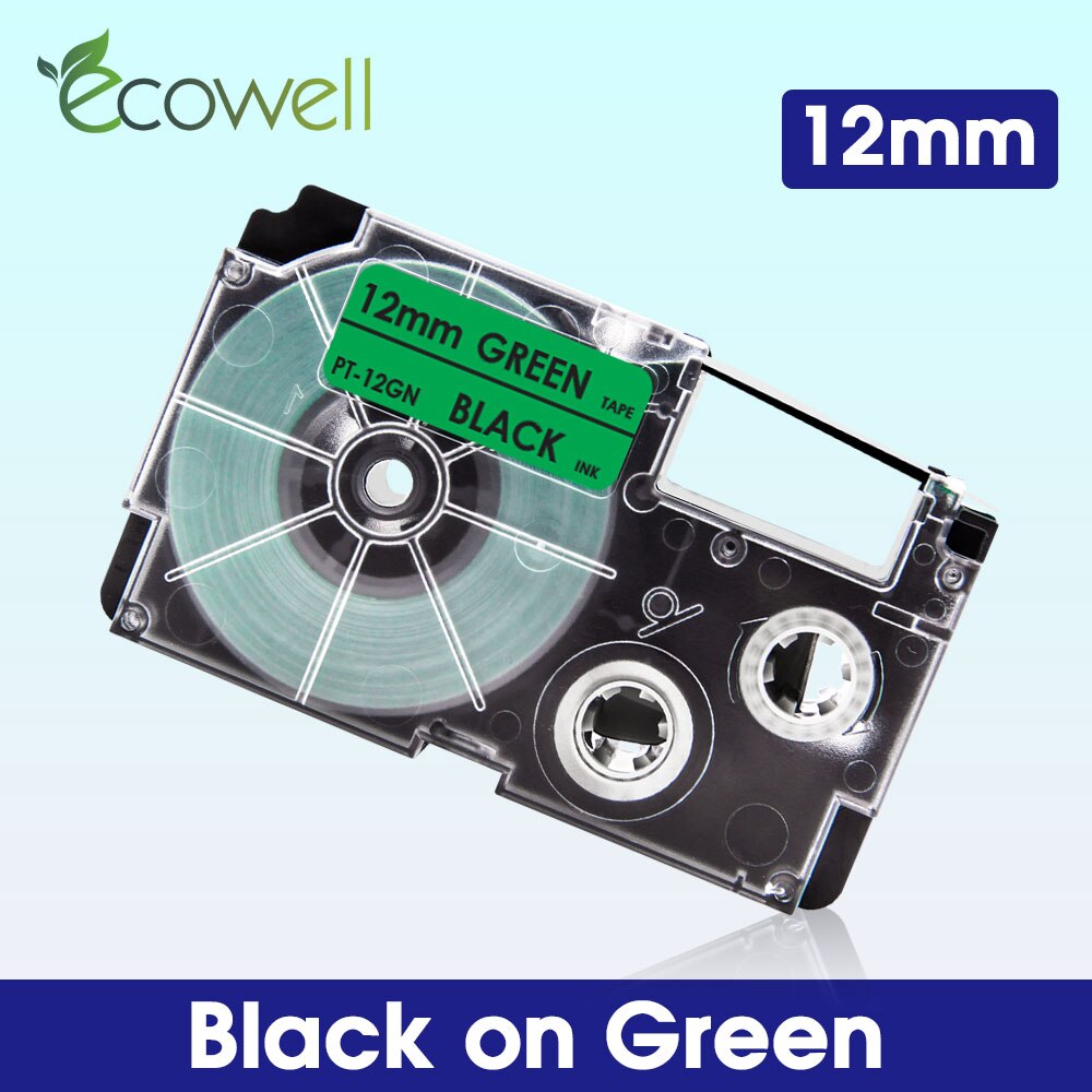 Ecowell 18Colors XR-12WE For Casio 12mm XR 12WE XR-12X XR-12RD XR-12BU XR-12YW XR-12GN label tape for Casio KL-60 KL-120 printer: Black on Green