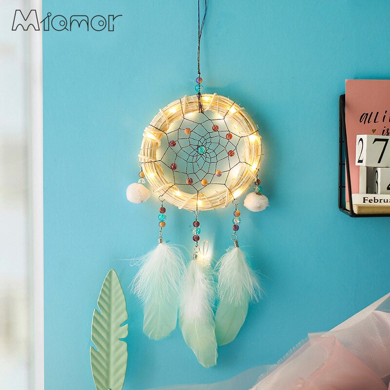 MIAMOR – attrape-rêve en rotin avec anneau lumineux et pompon, décoration murale suspendue, pendentif pour chambre d&#39;enfant, AMOR00149