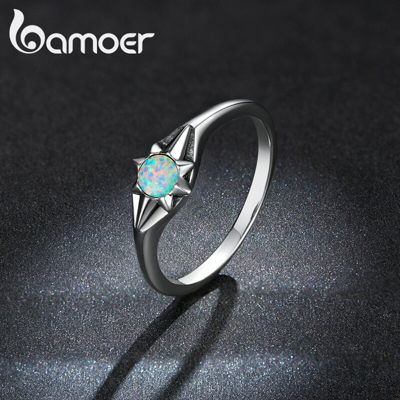 Bamoer Mode Lichtblauw Opaal Ster Ring Voor Vrouwen Echt 925 Sterling Zilveren Bruiloft Ring Anniversary Jewelry
