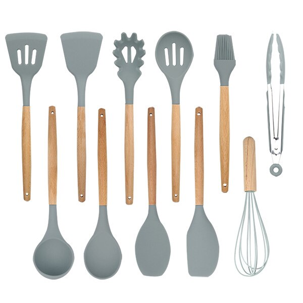 Beukenhout Gebruiksvoorwerp Serveren Spaghetti Sleuven Spatel Siliconen Koken Lepel Set Met Houten Lange Handvat Houder Voor Keuken: 11 pcs