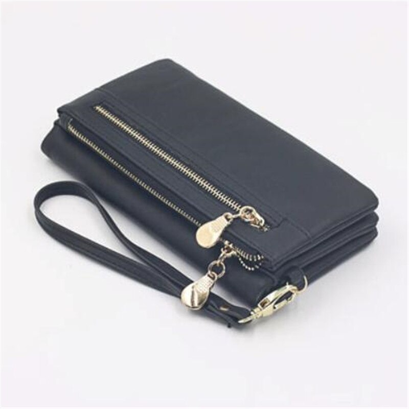 Women Wallets Dull Polish Leather Wallet Double Zipper Day Clutch Purse Wristlet Portefeuille Handbags Carteira Feminina: Black