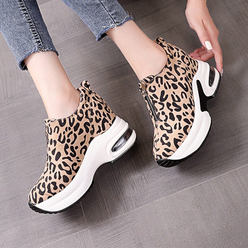 Vrouwen Sneakers Leopard Hoogte Toenemende Vrouw Gevulkaniseerd Schoenen Dikke Bodem Rits Vrouwtjes Wiggen Dames Casual Schoenen