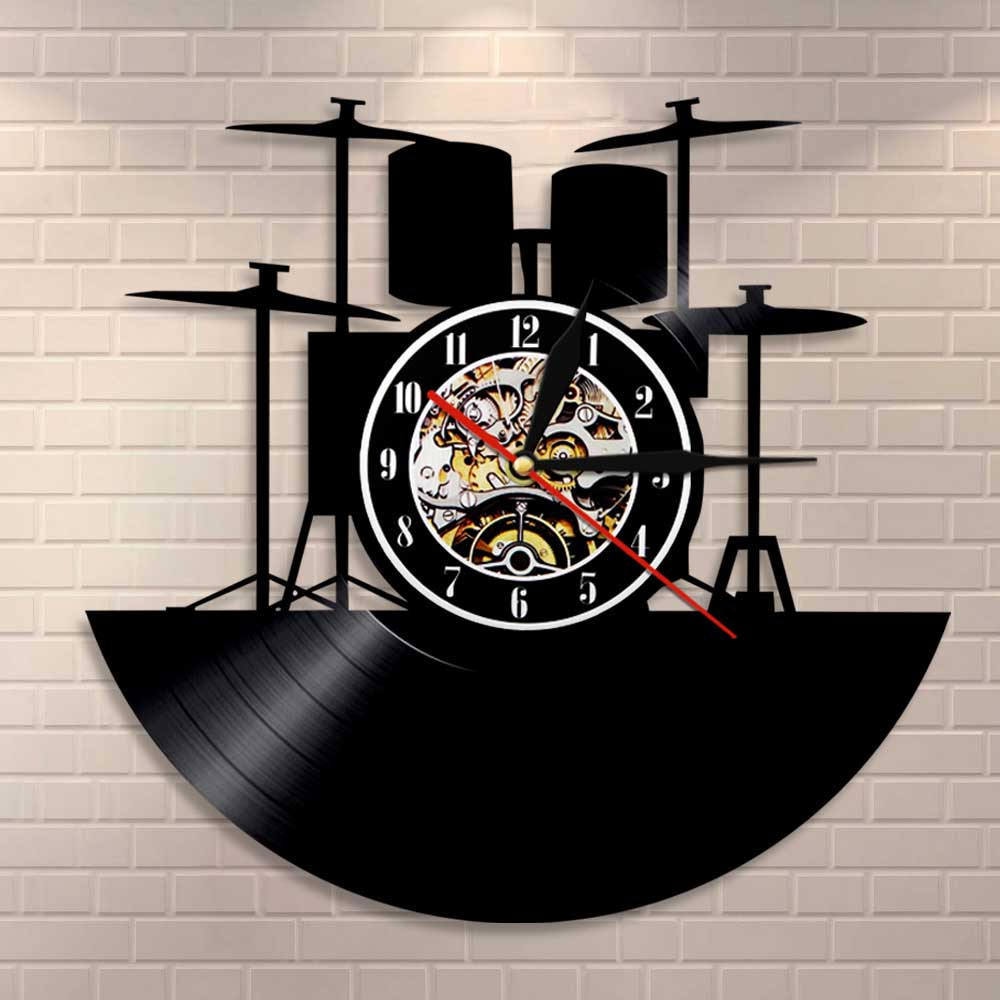 Trommesæt vinylplade vægur musikband trommer musikinstrumenter trommeslager boligindretning vægur unik rockmusik elsker