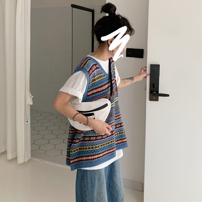 Neuleliivit sininen painettu klassinen perus neulepuserot löysät harajuku vintage trendikkäät naisten korealaistyyliset hihattomat