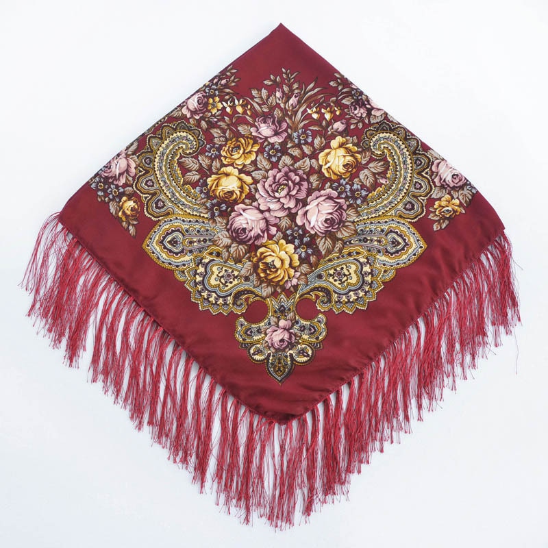 Chal de estilo ruso Pavlovo Posad, chal Vintage con estampado Floral, hiyab, bufanda con borlas, 35*35 '',: burgundy