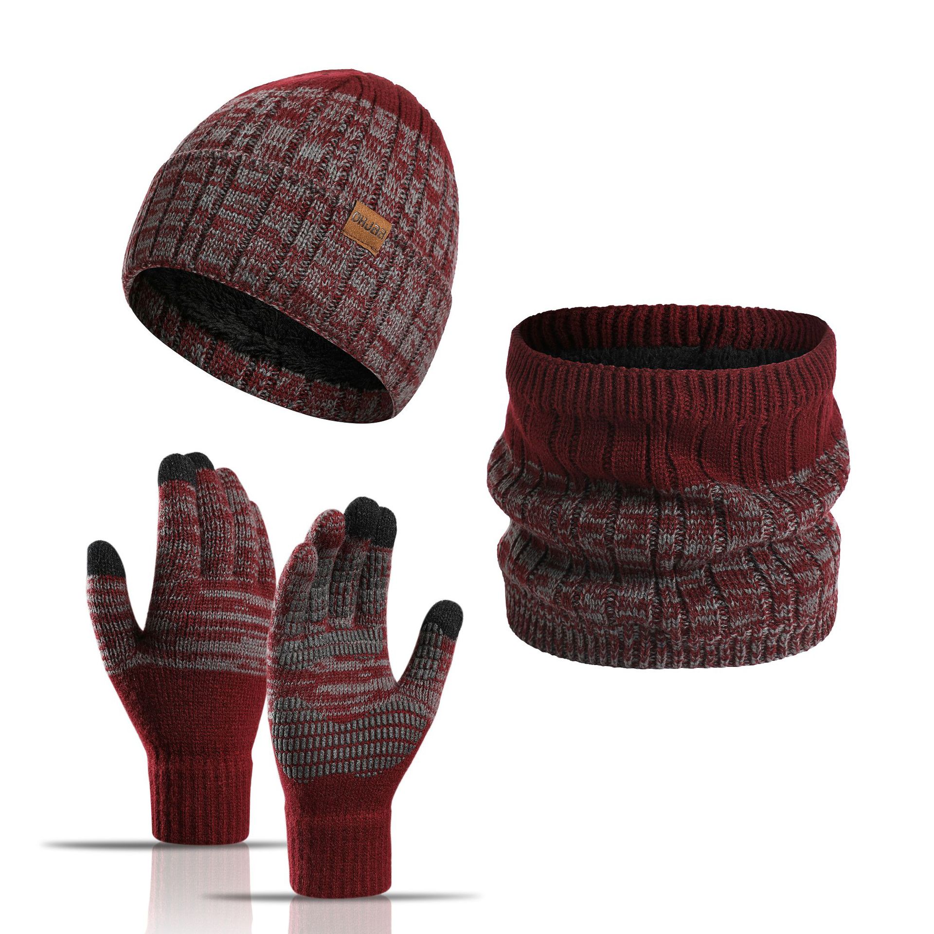 3pcs/set Winter Autumn Knitted Scarf Hat Glove Sets Warm Windproof Thickened Soft Touch Screen Gloves Suit: wind red