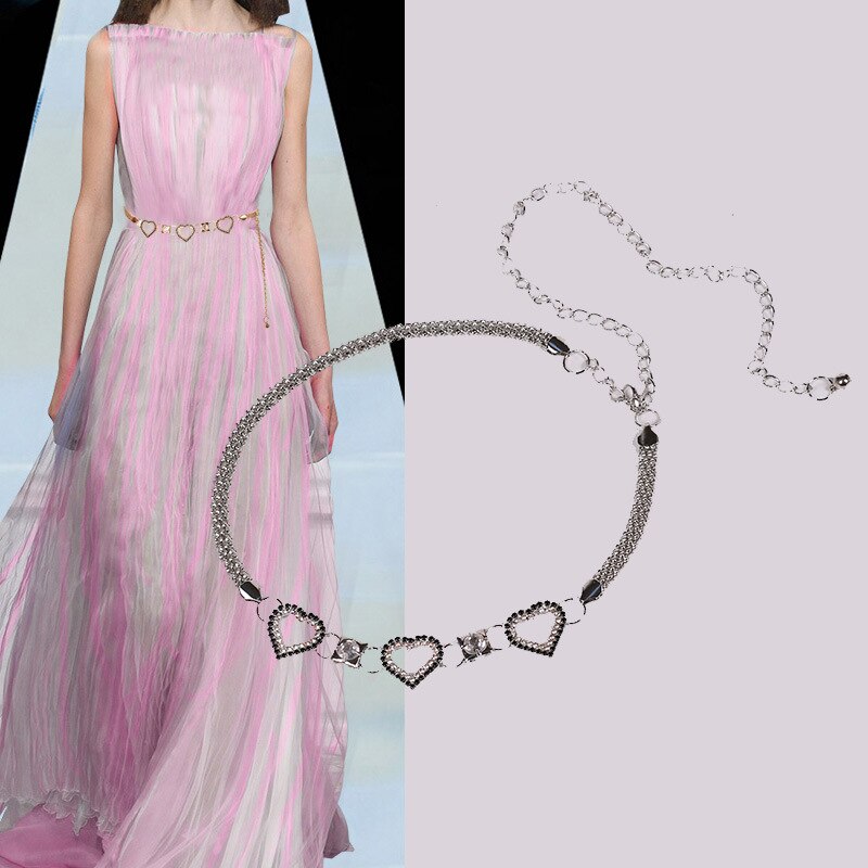 Cinturón de cadena de corazón con diamantes de imitación para mujer, faja de Metal, pretina clásica, para vestido, cadena de cintura, cadenas doradas y plateadas