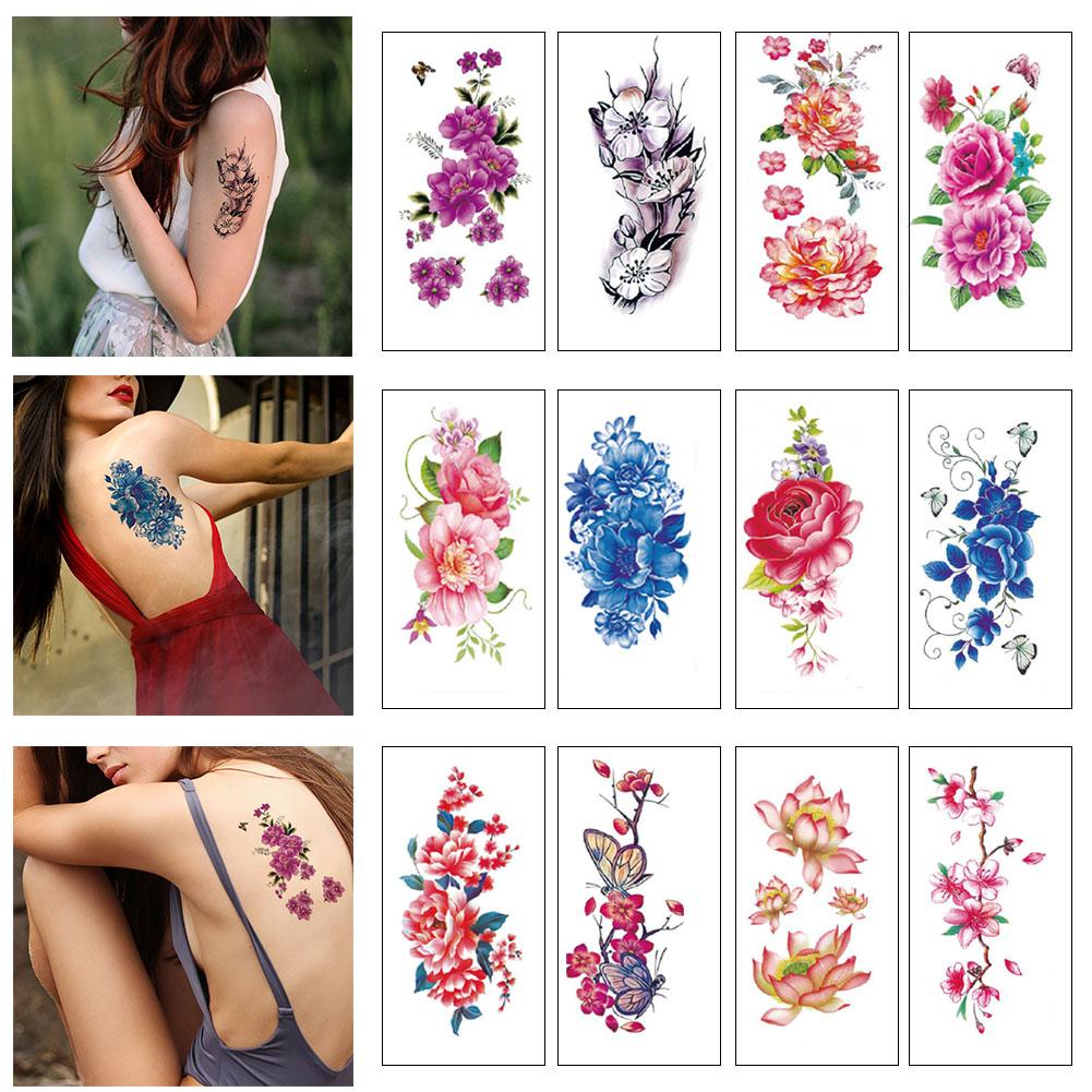 Tattoo Pack of 12 Sheets Flower Temporary Tattoos Stickers Lotus Cherry Blossoms Flash Tattoo Color Sending Randomly