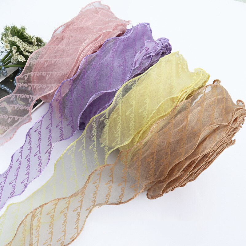 Cinta de Organza con estampado de letras flocadas, borde ondulado para envolver artesanales, decoración del hogar y , 55mm, 5 yardas/lote