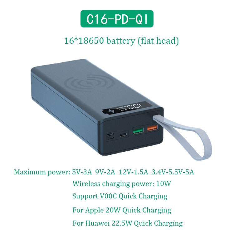 DIY Power Bank Case 16*18650 Battery Charger Box Shell Dual USB Support Quick &amp; Wireless Charging Powerbank Case without Battery: Quick Wireless Black