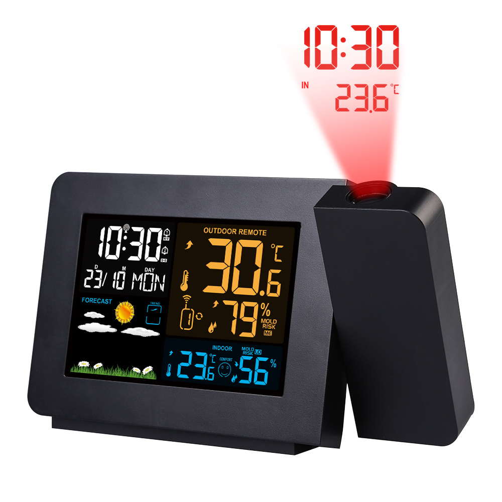 FanJu – horloge de Projection numérique, Station météo, température et humidité, calendrier, Double alarme, horloge de bureau, capteur sans fil
