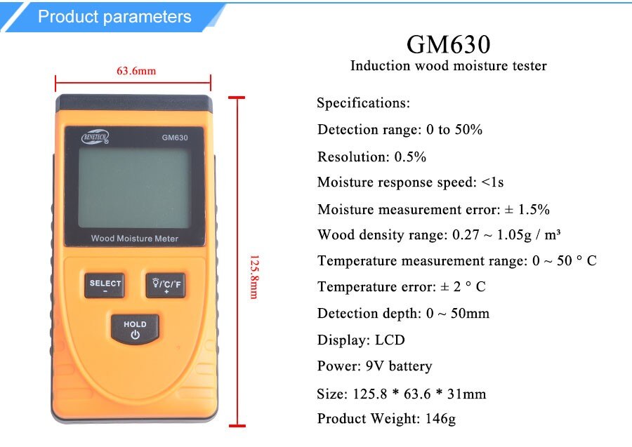 Digitale Inductie Meter Hout Temperatuur Vochtigheid Tester Inductie Vocht Tester Lcd-scherm Hygrometer GM630