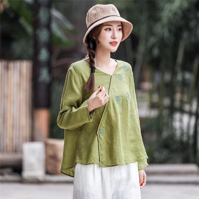 Tops de estilo chino tradicional para mujer, ropa de talla única de lino de Color sólido, camiseta de manga larga con escote en V fino estampado, novedad de