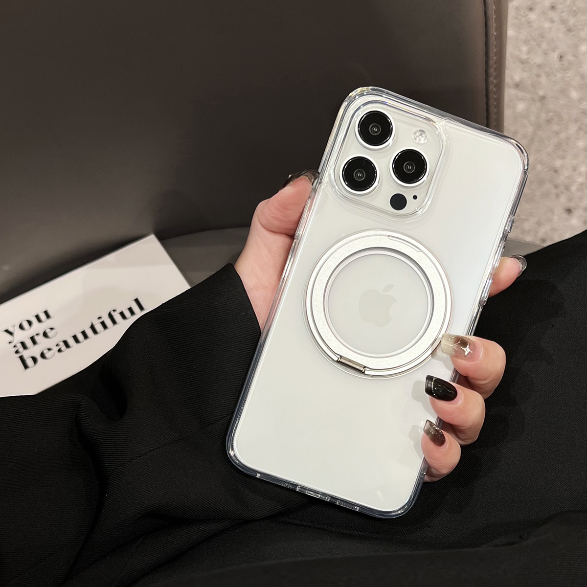 Draaibare standaard, magnetische, matte achterkant voor iphone 13, 14 , 15 pro max plus met ringhouder, magsafe telefoonhoesjes: Pc + tpu / Duidelijk