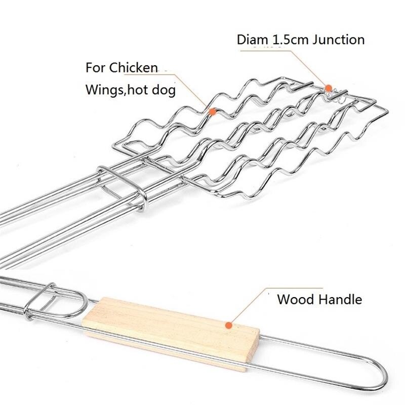 Dog Grill Basket BBQ Sausage Grilling Rack Barbecue Food Metal Mesh Clip Removable Wooden Handle Chicken Barbecue Gripper