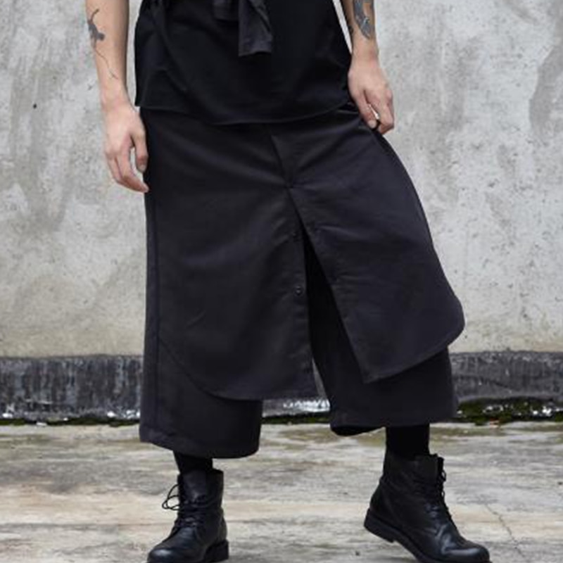 Men's pants summer wide-leg pants slacks men's faux two-piece shorts culottes Black hip-hop Gothic punk Yamamoto style
