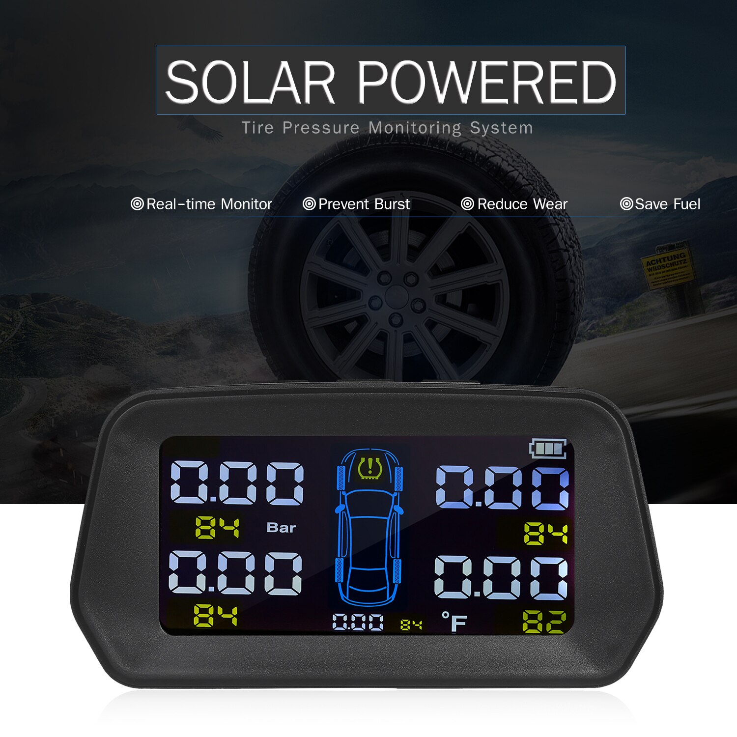 Tire Pressure Monitoring System Solar Powered with 4 External Sensors 6 Alarm Function Real Time Display Pressure Temperature