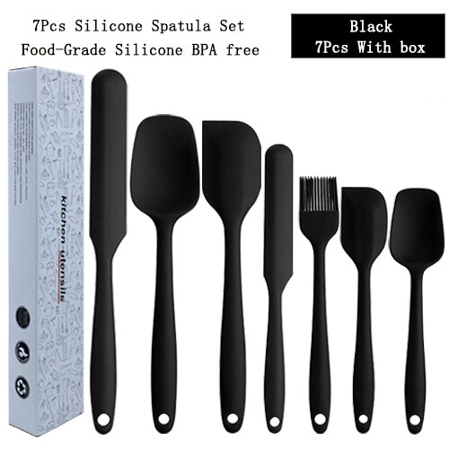 Kitchen Spatula Set BPA Free Silicone Scrapers Spoon Non-Stick Silica Cake BBQ Heat Resistant Cooking Utensils Baking Tools: 7pc Black Set--K2