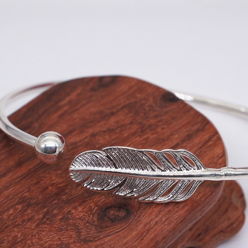 OMHXZJ Europese Mode Vrouw Meisje Party Wedding Leaf Open 925 Sterling Zilveren Manchet Bangle BA15