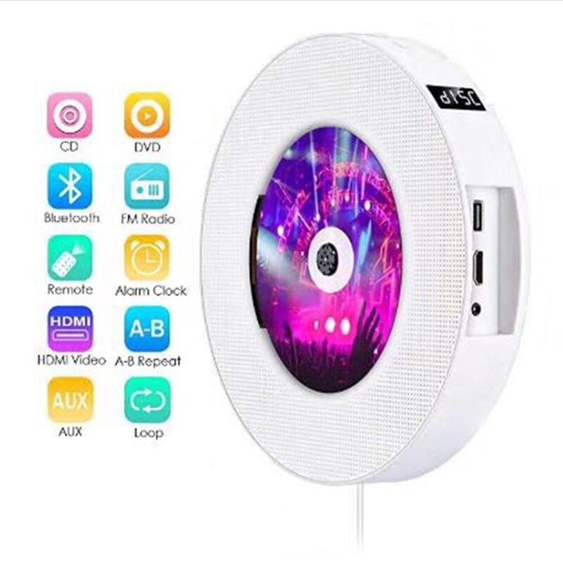 Portable Wall Mountable Bluetooth DVD Player USB LED Display HiFi Speaker o with Remote Control FM Radio Built-In EU Plug