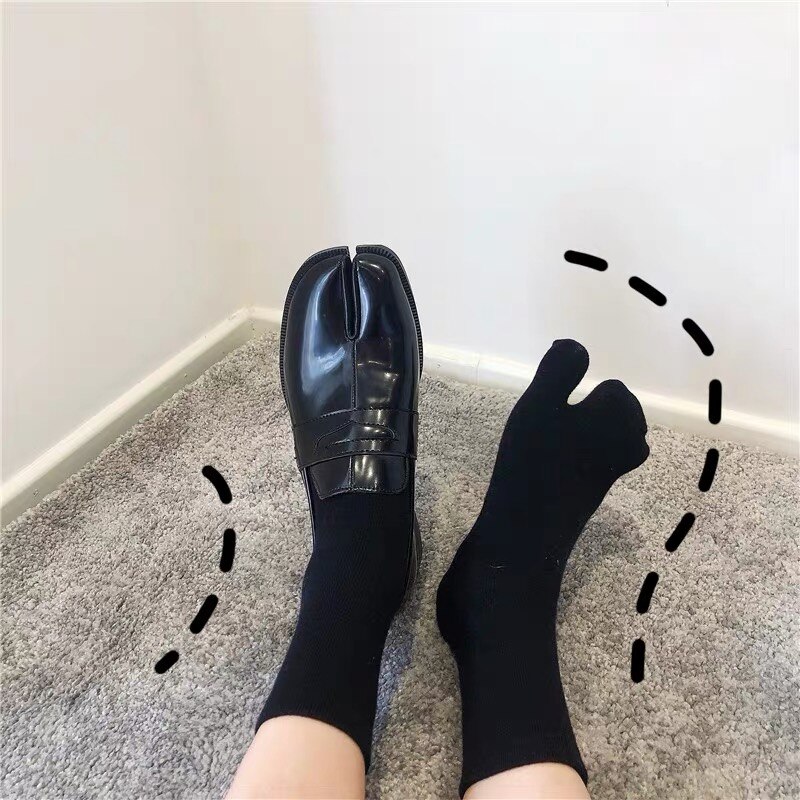 Japanse puur zwarte puur katoenen sokken met twee tenen, puur zwarte sokken met gespleten teen, sokken met twee vingers, voor heren en dames, middellange buis mm
