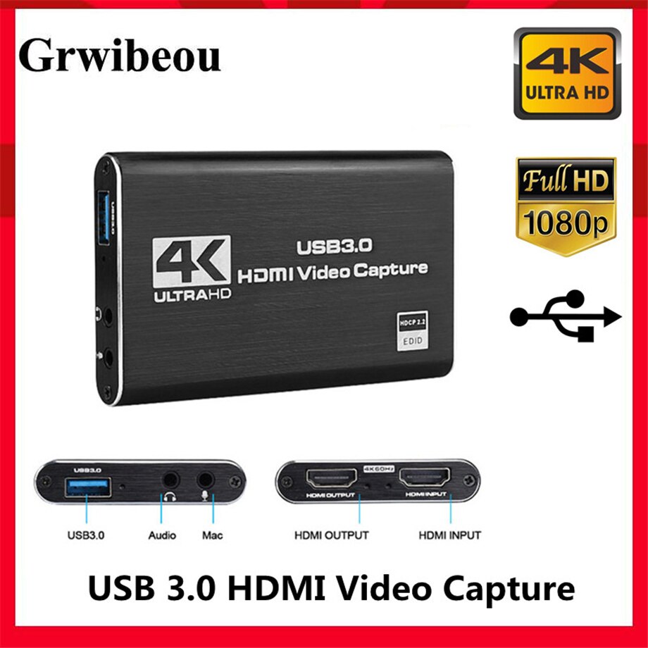 Grwibeou-tarjeta de captura de vídeo 4K USB 3,0, compatible con HDMI, grabador de grabadora de vídeo HD 1080P 60fps para OBS, captura de tarjeta de juego en vivo