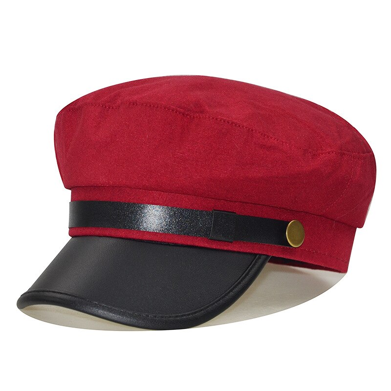 WELROG PU Leather Cotton Hats Wild Duck Tongue Octagonal Cap Women Flat Caps Berets Solid Lady Leather Buckle Hat: Dark Red