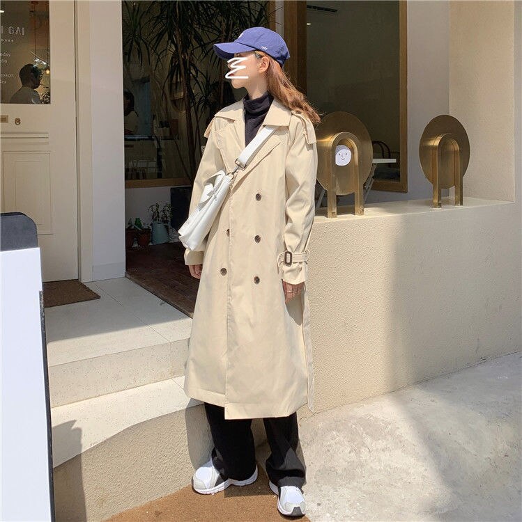 Trench kvinners høst solid dobbeltspent lang stil belte koreansk versjon løs leisre daglig streetwear kvinnelig klassisk kåpe: Aprikos / M