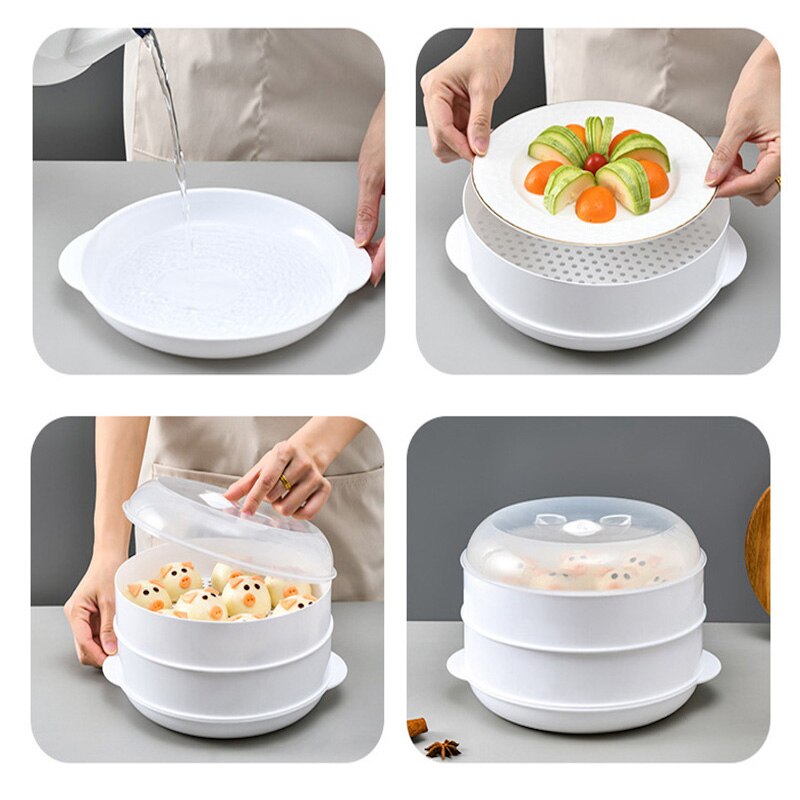 Plastic Food Steamer With Lid Round Single/Double Tier Microwav Steamer Vegetable Pasta Cookware Home Kitchen Cooking Tools