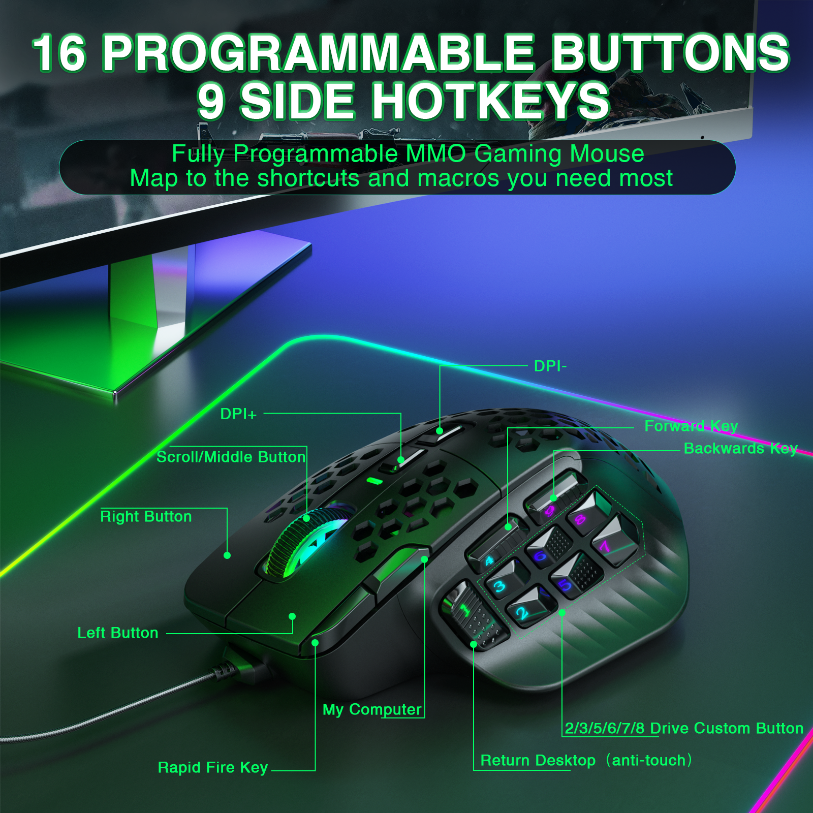 SOLAKAKA SM809 souris de jeu filaire boutons latéraux 22800 DPI 16 Programmable MMO Macro Esports souris Heneycemb ergonomique rvb rétro-éclairé