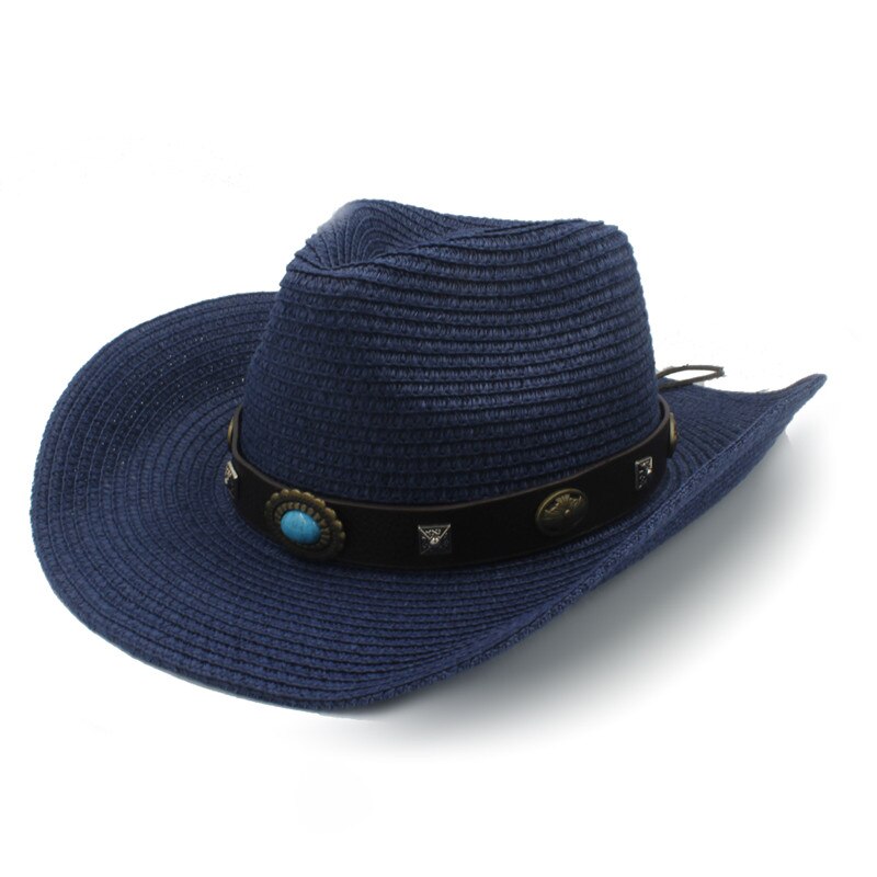 Men Straw Western Cowboy Hat Roll Up Brim Gentleman Sombrero Hombre Jazz Hat: Dark Blue
