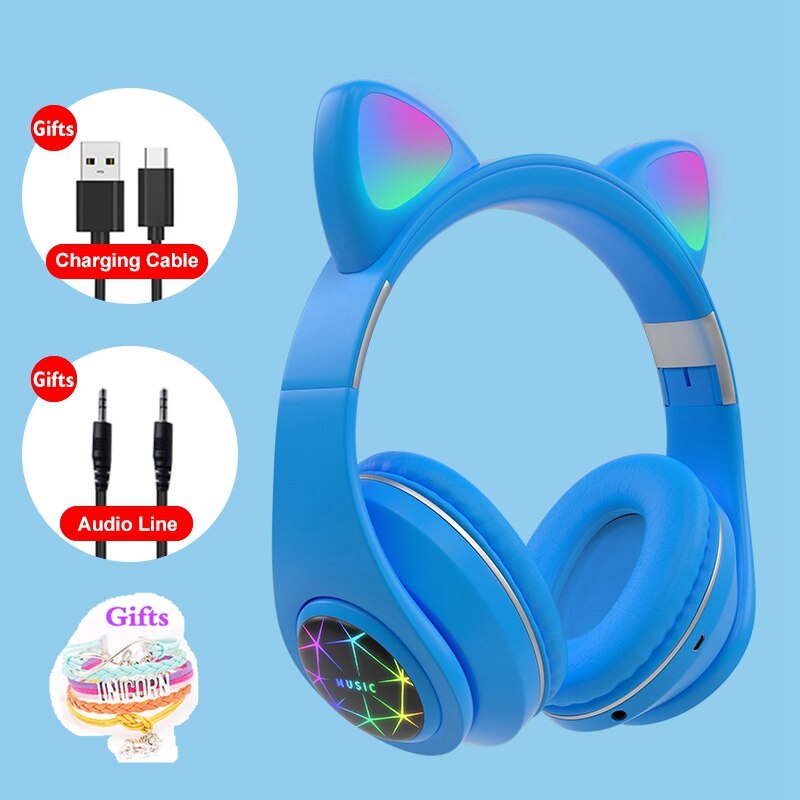 RGB Cat Ear Headphones Bluetooth 5.0 Noise Cancelling Adults Kids girl Headset Support TF Card FM Radio With Mic bracelet: blue