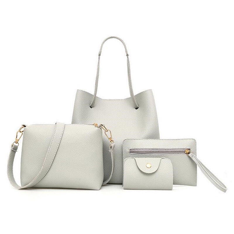 4 Pièces/ensemble Sac Pour Les Femmes Dame PU Cuir Sac À Main Sac À Bandoulière Fourre-Tout Sac À Main Messager Sac de Soirée D'embrayage: Gris clair