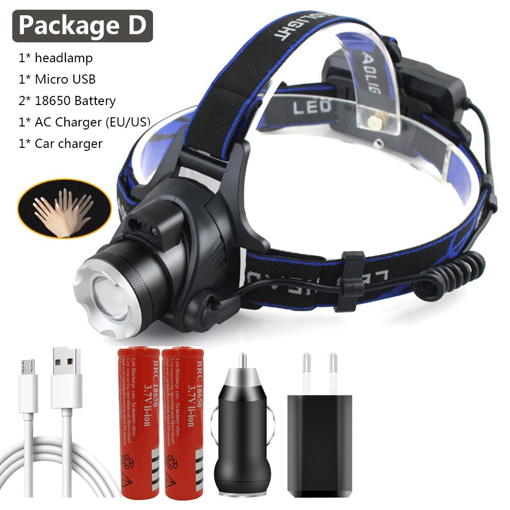 Sensor Headlight Camping Flashlight Head Light Torch Lamp Bulbs USB Rechargeable LED Headlamp 3000lm XM-L2 T6 Body Motion: Sensor Package D / XM-L T6