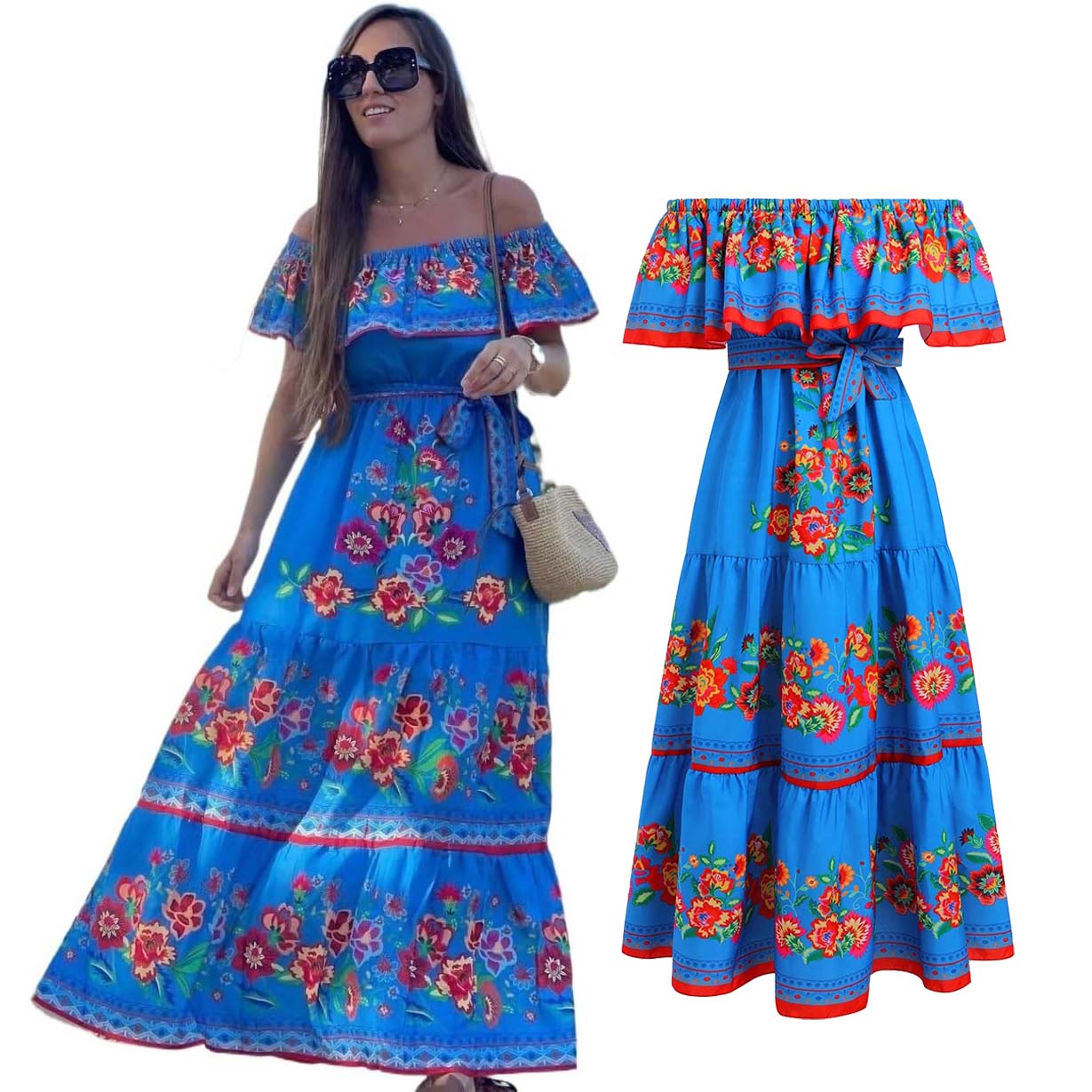 Mexican Traditional Ethnic Mexican Cinco De Mayo Summer Floral Print Off Shoulder Women Mexican Dress