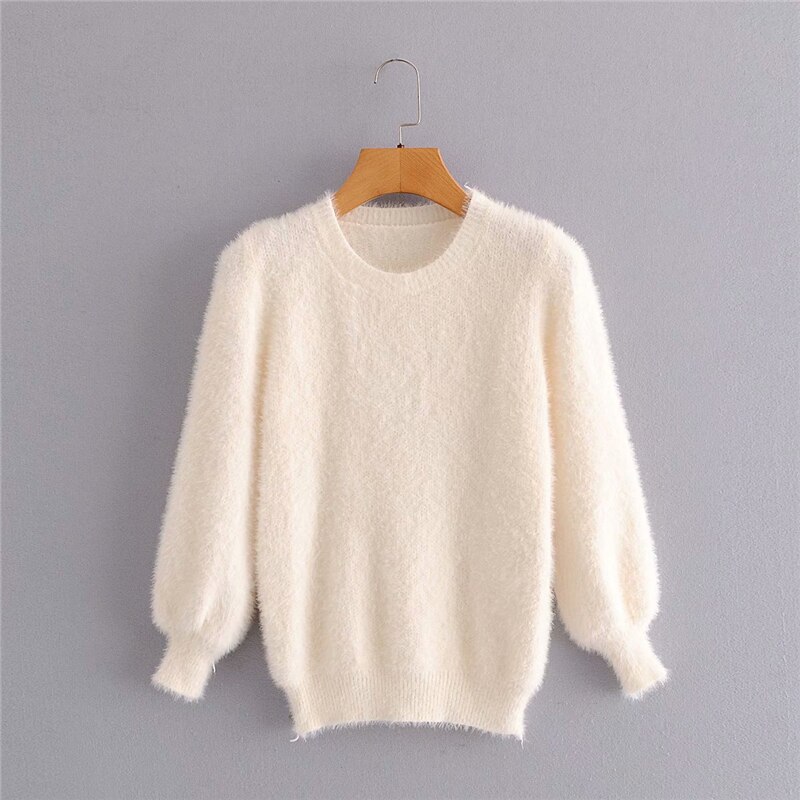 LUNDUNSHIJIA Autumn Women Mohair Short Sweaters Ladies O-neck Long Sleeve Slim Solid Color Pullovers Top