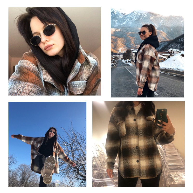 Vintage women long sleeve woolen coats ladies thick plaid coat female streetwear girls oversize jacket chic