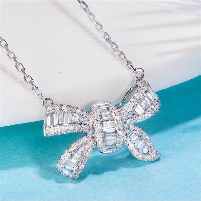 Ciondolo Bowknot fatto a mano AAAAA cz pietra reale argento sterling 925 dichiarazione pendenti da sposa collana per gioielli da sposa da donna: Silver