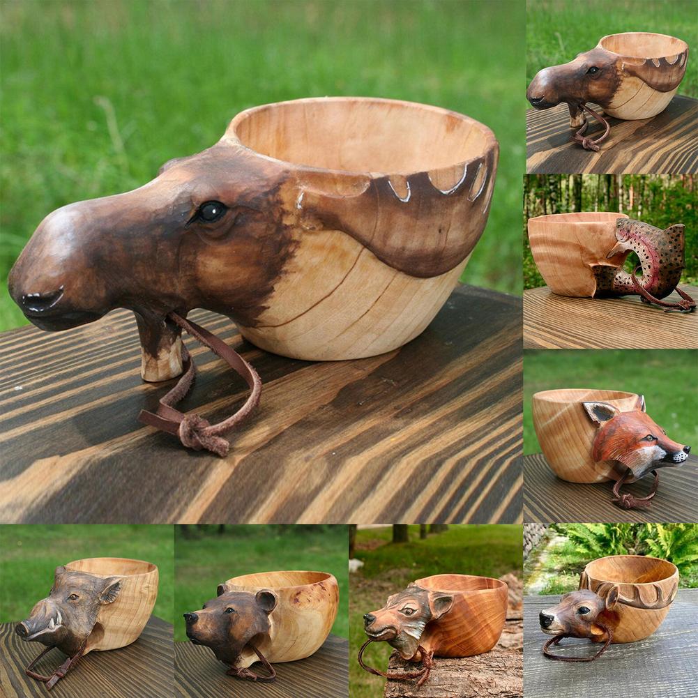 Holz Becher Hand Geschnitzte Ebene Kopf Tasse Fuchs Wolf Wildschwein Ebene Kopf Griff Wasser Tasse Tragbare Camping Kaffee Tassen mit Schlüsselband