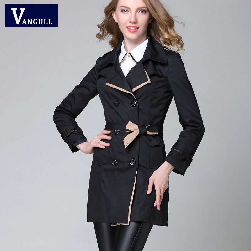 VANGULL 2022 Brand Classic European Trench Coat khaki Black Double Breasted Women Pea Coat real photos: black / S