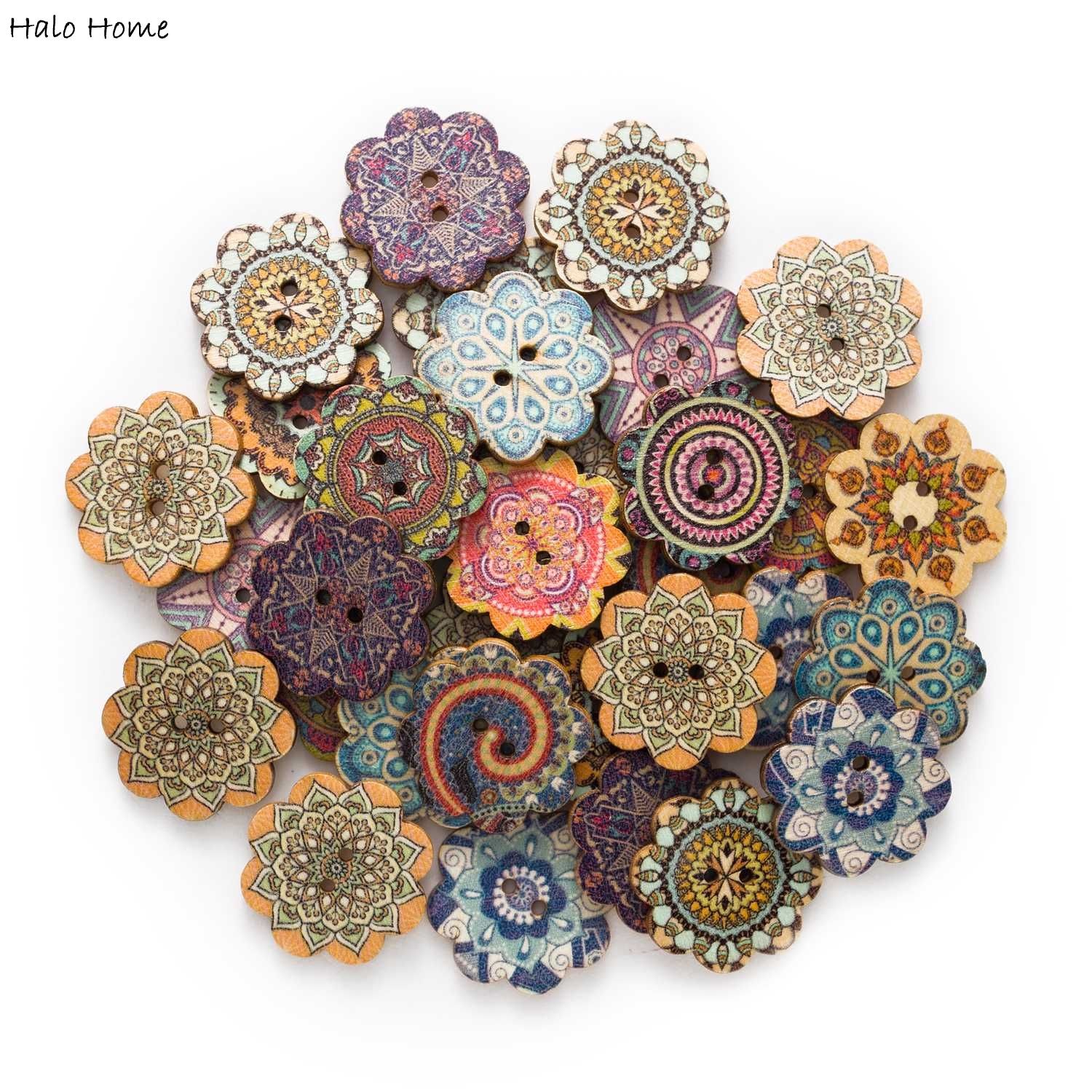 Boutons en bois de fleurs peintes, 50/100 pièces, pour le travail manuel, couture, vêtements artisanaux, accessoires carte 15-25mm