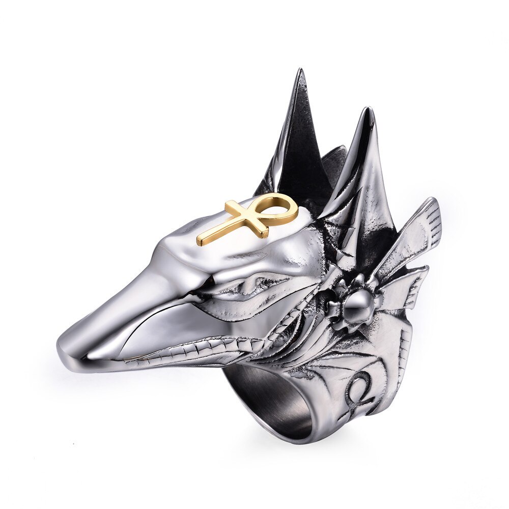 Bleknar aldrig rostfritt stål egypten kors anubis gud fingerringar för män kvinnor punk varghuvud knogring boho statement smycken