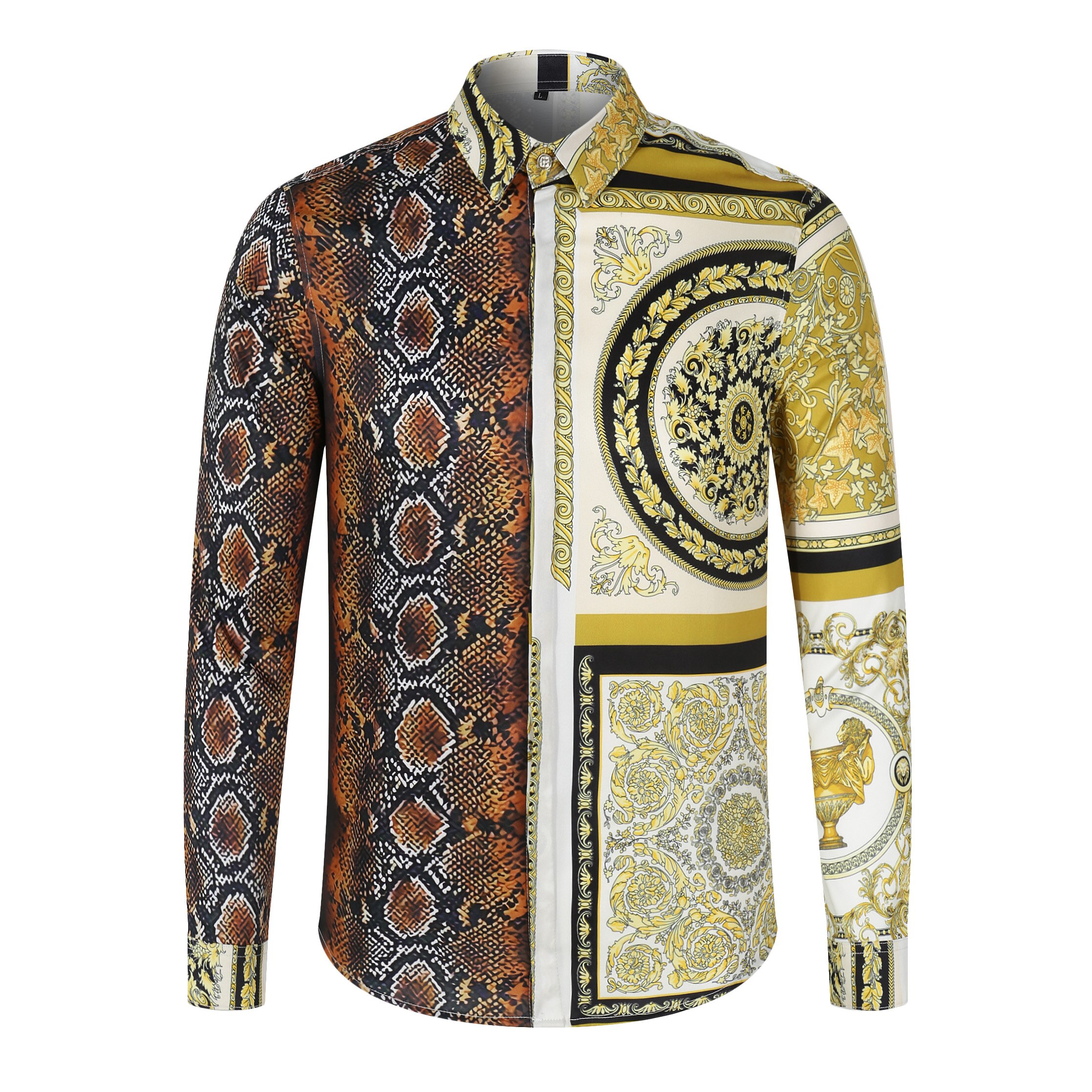 court style spliced serpentine printed men's long-sleeved shirt: Asian size L