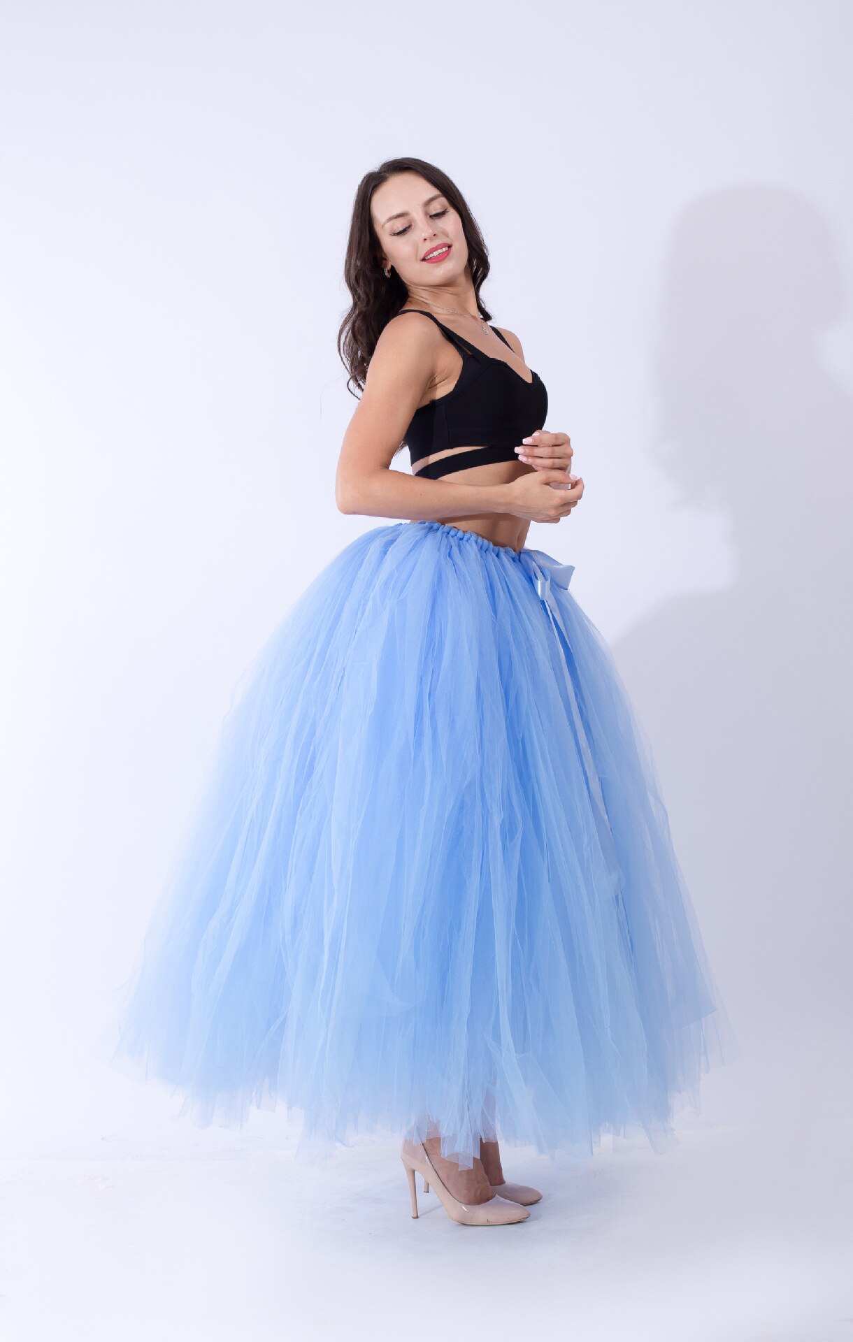 Schwarz Hoopless Lange Petticoat Hochzeit Krinoline Ballkleid Unterrock Schichten Tüll Rock Frau Erwachsene Tutu Braut Zubehör: Ice Blue