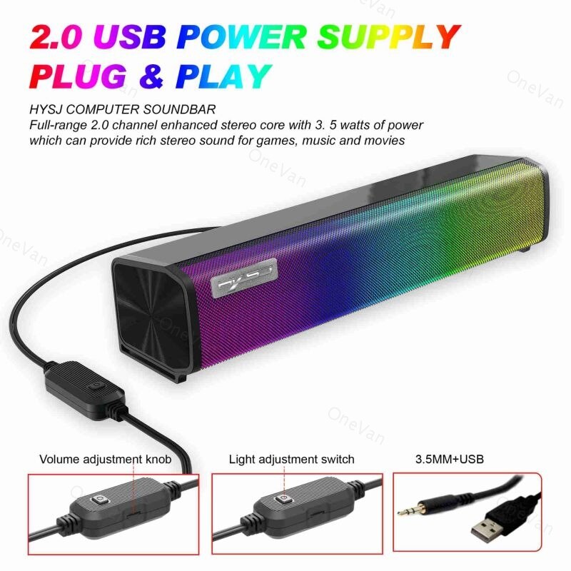 Barre de son lumineuse RGB, haut-parleur pour ordinateur, hi-fi, jeu, boîte de son en ABS, 9 types de lumières réglables