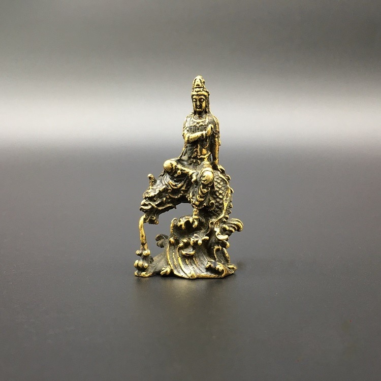 Collection Chinese Brass Carved Guan Yin Kwan-yin Bodhisattva Riding Dragon Buddha Statue Exquisite Small Statues