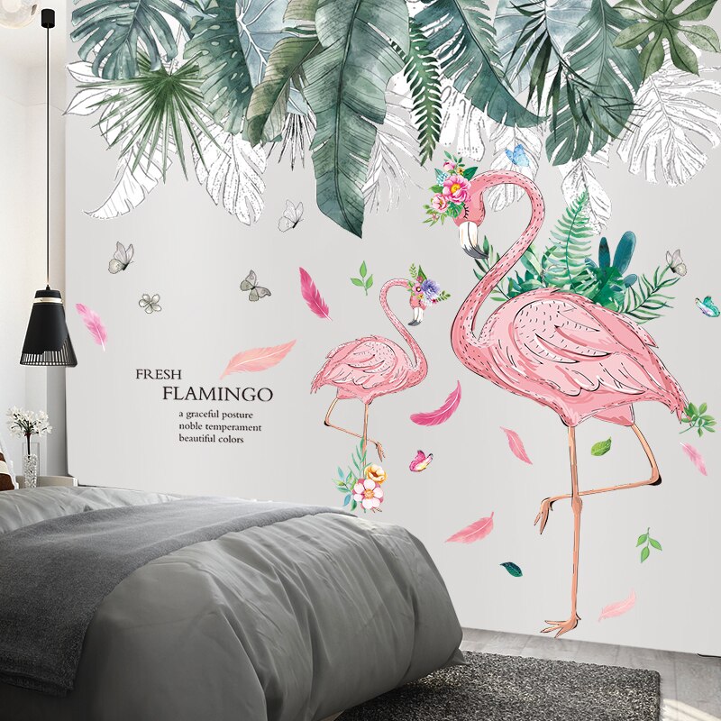 [shijuekongjian] Romantic Flamingo Wall Stickers DIY Cartoon Animals Wall Decals for House Kids Rooms Baby Bedroom Decoration: flamingo and leaves1