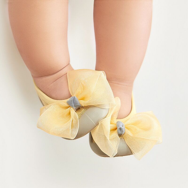 Bow Baby Rubber-Soled Toddler Shoes Newborn Cotton Non-slip Lace Floral Soft Bottom Floor Socks Children Toddler Shoes: Yellow / 26-27