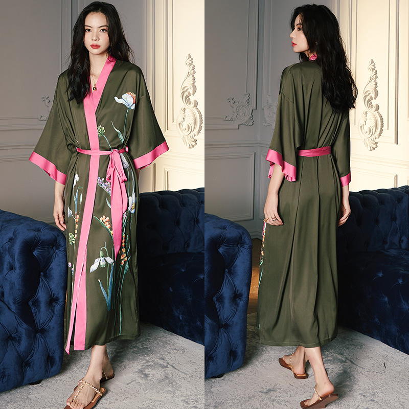 Albornoz tipo kimono largo con estampado de flores para mujer, bata de boda Sexy de media manga, camisón de rayón para primavera y verano, vestido para casa, ropa de dormir: Rojo coral