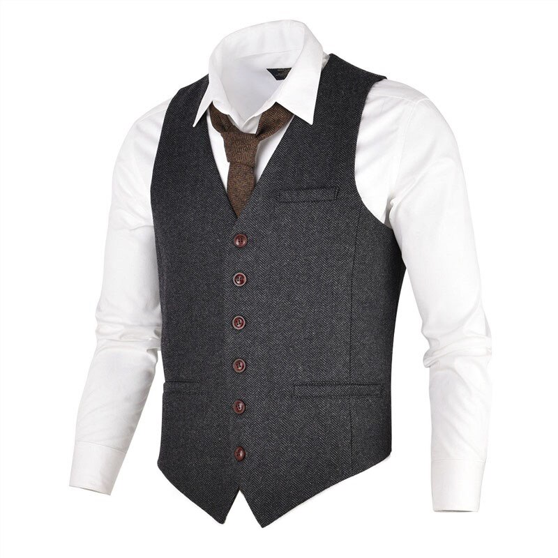 VOBOOM kamizelka męska kamizelka kawowa męska mieszanka wełny w jodełkę Tweed jednorzędowe kamizelki 007